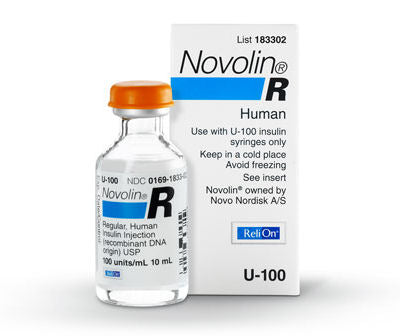 Novolin 10 milliliter vial regular. Vial packaged in a small white and blue cardboard box.