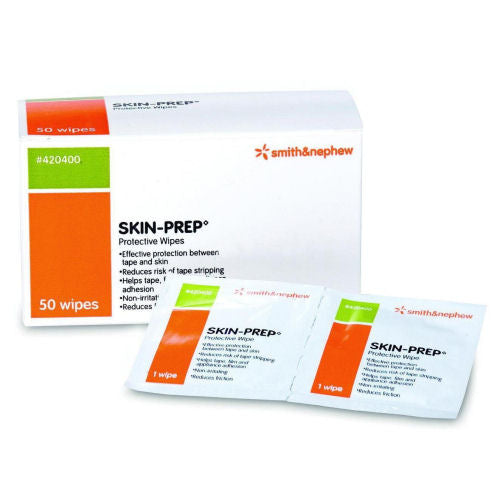 Skin Prep Protective Wipes 50 count. Packaged in a small white, green and orange cardboard box.