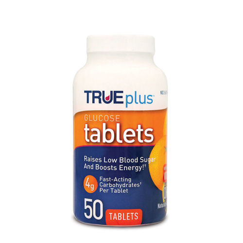 TruePlus Glucose Tablets 50 count orange flavored. Tablets are inside a white pill bottle with blue and orange coloring.