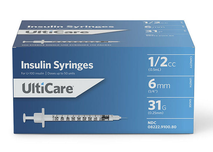 Ulticare syringes 1/2cc 6mm 31 gauge 100 count. Packaged in a small blue cardboard box with white accents.