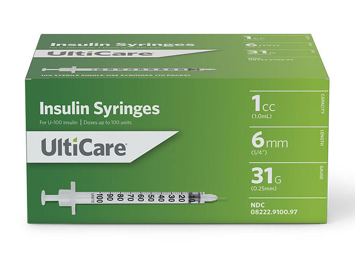 Ulticare syringes 1cc 6mm 31 gauge 100 count. Packaged in a small green cardboard box with white accents.