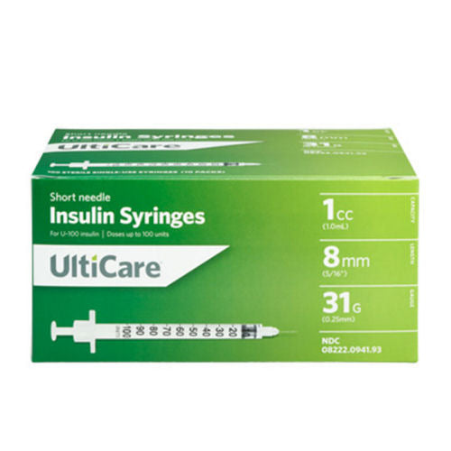 Ulticare syringes 1cc 8mm 31 gauge 100 count. Packaged in a small green cardboard box with white accents.