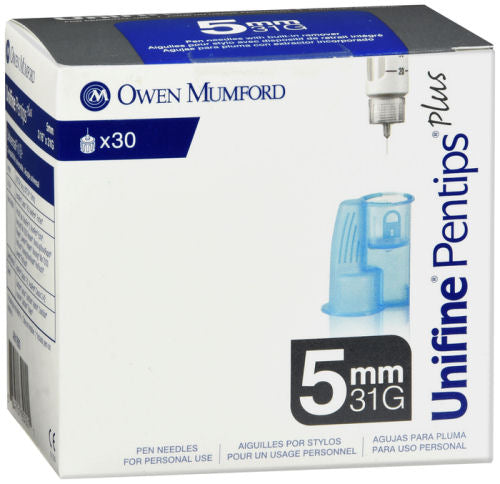 Unifine Pentips Plus Mini 5mm 31 gauge 30 count. Packaged in a small white and grey cardboard box.