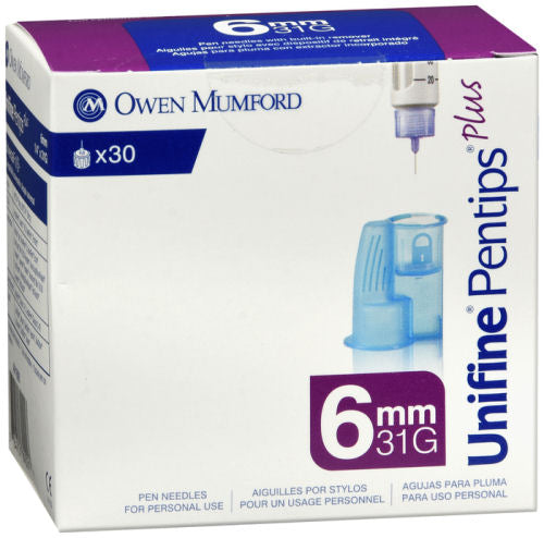 Unifine Pentips Plus Ultra short 6mm 31 gauge 30 count. packaged in a small white and purple cardboard box.