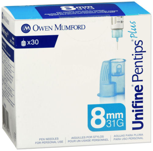 Unifine Pentips Plus Short 8mm 31 gauge 30 count. packaged in a small white and blue cardboard box.