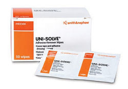 Uni-solve Adhesive Remover Wipes 50 count. Packaged in a small white and orange cardboard box.