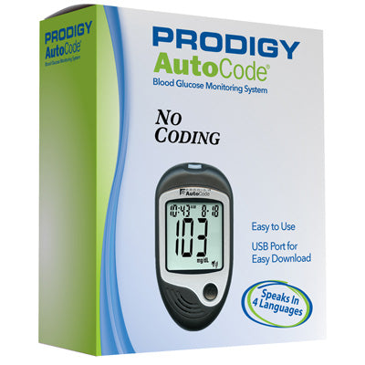 Prodigy Autocode 150 Strips and Meter Combo. Packaged in a small white, blue and green cardboard box with device picture.