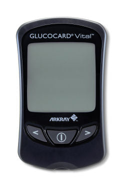 Glucocard Vital edition 300 Strips and Meter Combo. Device is black with toggle buttons for digital display