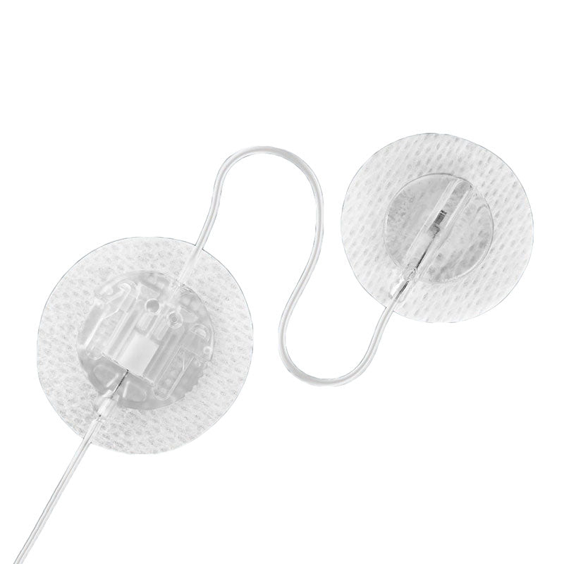 Tandem TruSteel Infusion Set. Device is white with adhesive pads and white cords.