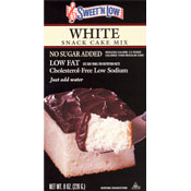 Sweet'N Low White Cake Mix. Packaged in a small black and white cardboard box.