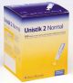 Unistik 2 Normal 100 Count single use capillary blood sampling device. packaged in a small yellow and purple cardboard box