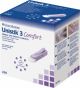 Unistik 3 Comfort edition 200 count single use safety lancets. Packaged in a small white, blue, and purple cardboard box