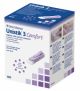 Unistik 3 Comfort edition 100 count single use safety lancets. Packaged in a small white, blue, and purple cardboard box