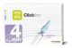 Clickfine Universal Pen Needles 4mm 100 count. Packaged in a white, green, and light purple small cardboard box.