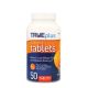 TruePlus Glucose Tablets 50 count orange flavored. Tablets are inside a white pill bottle with blue and orange coloring.