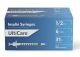 Ulticare syringes 1/2cc 6mm 31 gauge 100 count. Packaged in a small blue cardboard box with white accents.