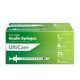 Ulticare syringes 1cc 8mm 31 gauge 100 count. Packaged in a small green cardboard box with white accents. 
