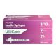 Ulticare syringes 3/10cc 8mm 100 count. Packaged in a small pink cardboard box with white accents.