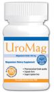 UroMag 140mg Capsules 100 count. Capsules stored in a small white bottle with blue and orange accents. 