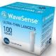 WaveSense 33 gauge Lancets 100 count. Packaged in a small blue and white gradient cardboard box